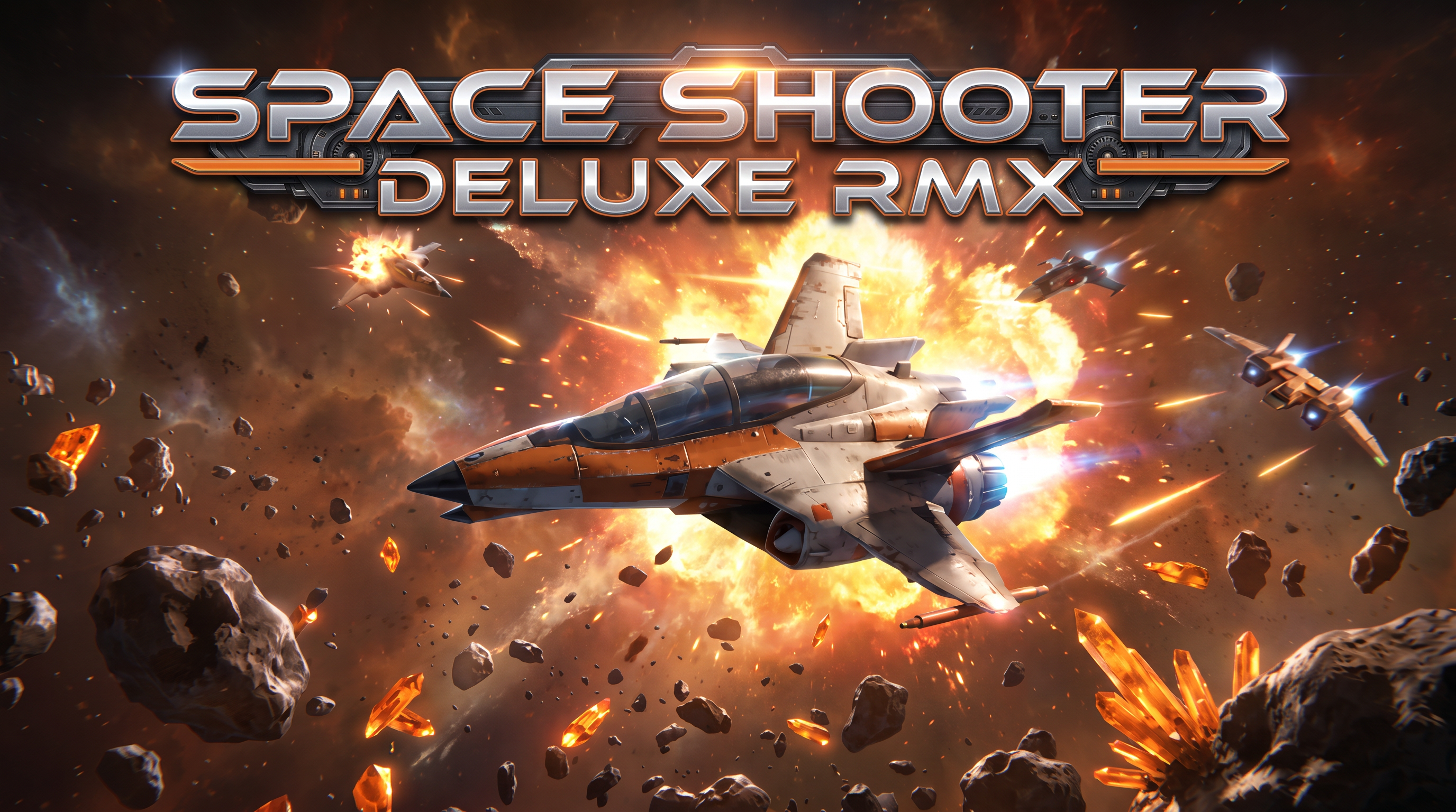 Space Shooter Deluxe RMX key art: a fighter craft banking away from an exploding asteroid field